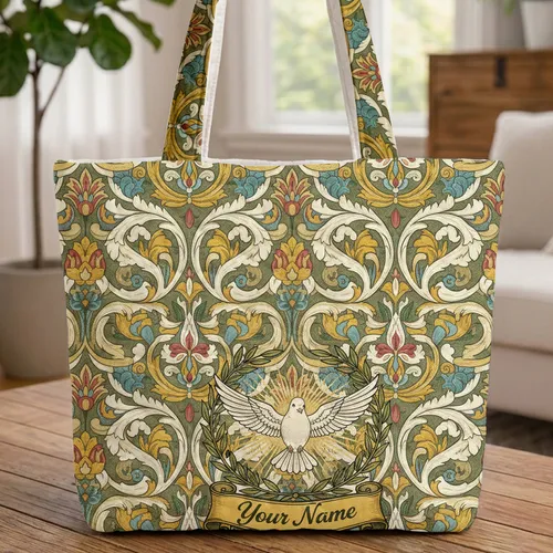 Dove Olive Wreath Classic Botanical Scrolling Leaves Scroll - Everyday Tote Quilted Tote Bag
