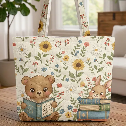 Studious Brown Bear Cub Rabbit Books Garden Flowers - Book Lover Cottagecore Gift Quilted Tote Bag