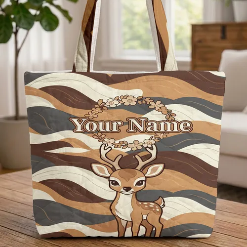 Majestic Deer Portrait Floral Leaf Wreath Earthy Organic Swirls - Everyday Carry Quilted Tote Bag