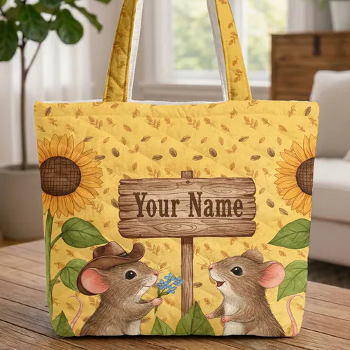 Adorable Field Mice Offering Flower Sunflower Rustic Sign - Nature Lover Everyday Tote Gift Quilted Tote Bag
