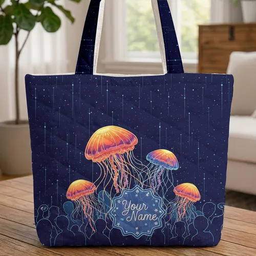 Glowing Jellyfish Starry Ocean - Ocean Lover Everyday Carry Gift Quilted Tote Bag
