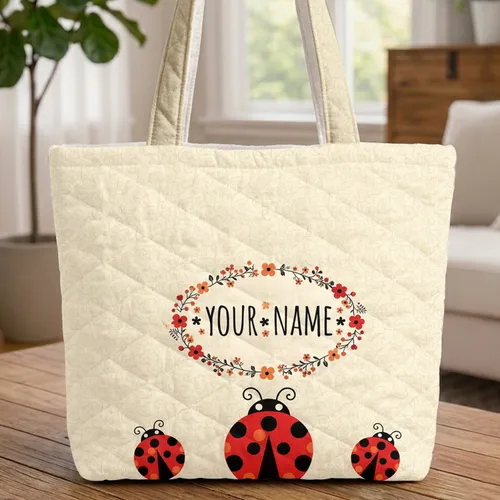 Personalized Name Three Ladybug Floral Wreath - Everyday Nature Lover Gift Quilted Tote Bag