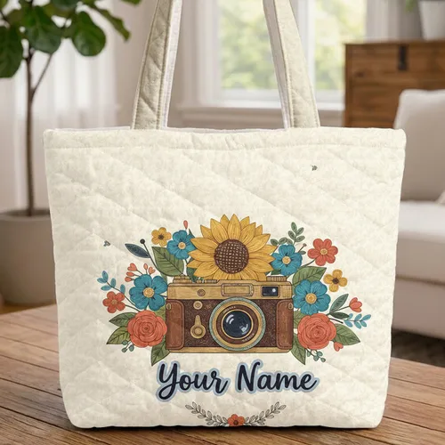 Vintage Camera Quilled Flowers Sunflower - Photography Lover Travel Accessory Quilted Tote Bag