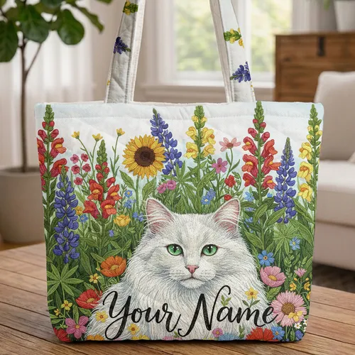 White Cat Floral Wildflower Garden Snapdragon Sunflower - Personalized Cat Lover Gift Quilted Tote Bag