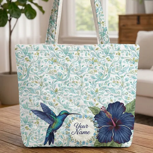 Iridescent Hummingbird Hibiscus Swirling Botanical Vines Leaves - Everyday Use Gift Quilted Tote Bag