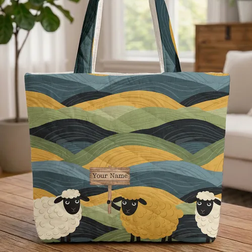 White Yellow Black-faced Sheep Rolling Hills Landscape - Farmhouse Decor Gift Quilted Tote Bag