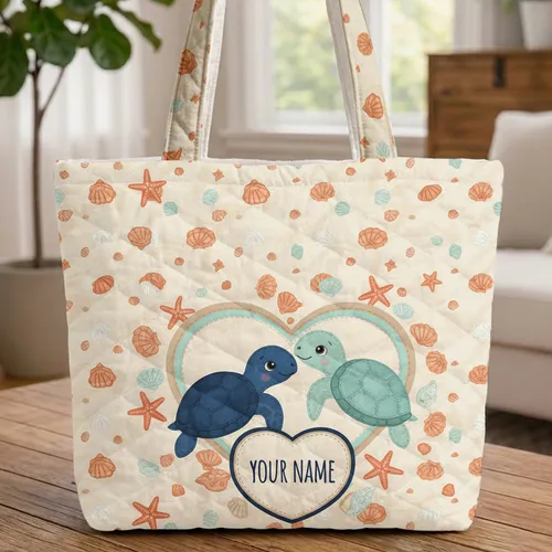 Two Sea Turtles Heart Seashells Starfish Sand Ripples Everyday Tote Ocean Lover Gift Beach Vacation Quilted Tote Bag