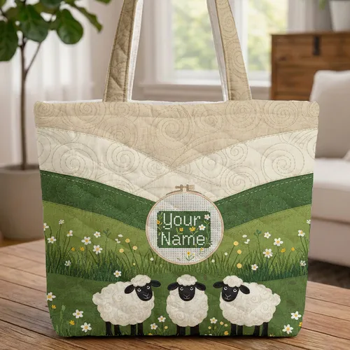 Woolly Sheep Rolling Hills Wildflowers Personalized Name - New Baby Gift for Nursery Quilted Tote Bag