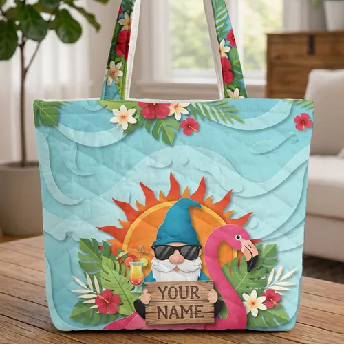 Gnome Flamingo Tropical Hibiscus Orange Sun - Vacation Beach Travel Essentials Quilted Tote Bag