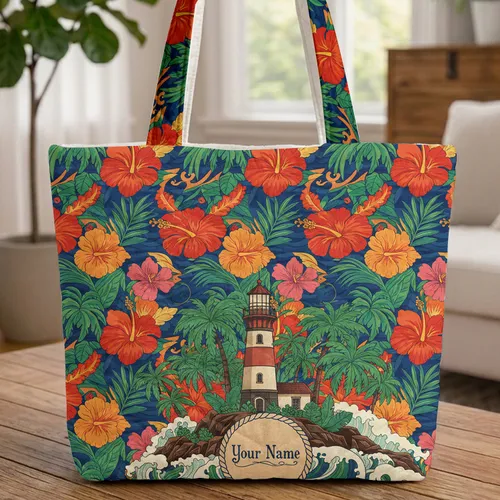 Lighthouse Tropical Sunset Hibiscus Palm Ocean Waves Coastal Home Decor Quilted Tote Bag