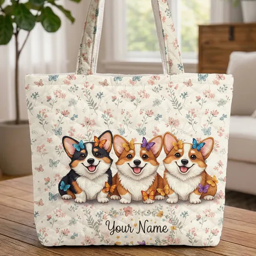 Personalized Corgi Dogs Butterflies Floral Wreath - Pet Lover Everyday Gift Quilted Tote Bag