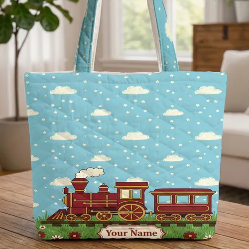 Ornate Steam Train Enamel Plaque Sky Clouds - Gift for Young Train Enthusiasts Quilted Tote Bag