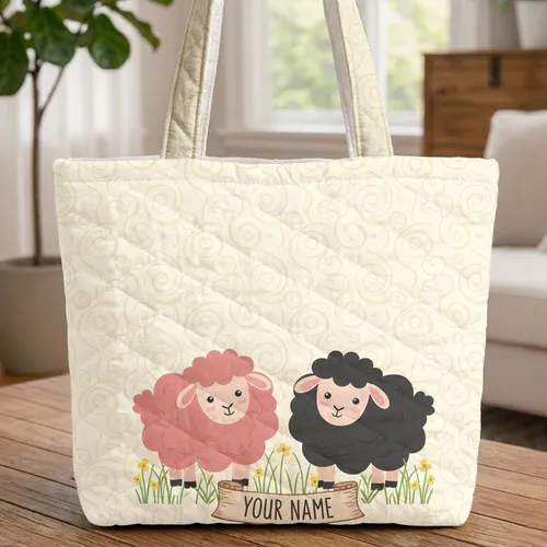 Organic Swirls Pink Black Sheep Green Grass Wildflower Name Scroll - Everyday Tote Quilted Tote Bag