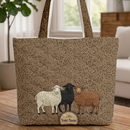 Three Sheep Scrollwork - Personalized Gift for Farmhouse Decor Quilted Tote Bag