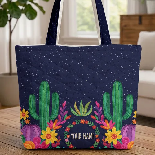 Desert Cactus Succulent Fantasy Flowers Wreath Navy Stars - Everyday Travel Quilted Tote Bag