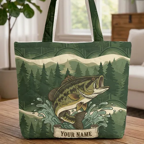 Leaping Bass Fish Water Splash Pine Forest Nature Landscape - Fisherman Outdoorsman Gift Quilted Tote Bag