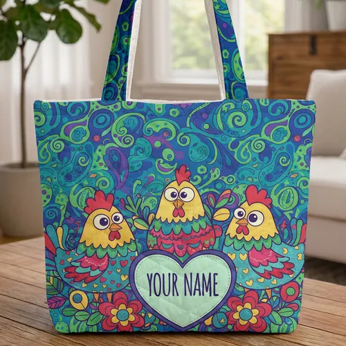 Three Chickens Paisley Swirls Name Heart - Farmhouse Animal Lover Gift Quilted Tote Bag