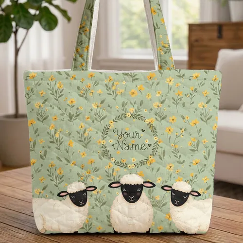 Fluffy Lambs Wildflower Wreath Farmhouse Decor for Lamb Lover Quilted Tote Bag