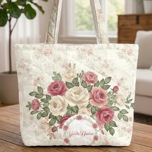 Lush Roses Bouquet Delicate Floral Sprigs Wreath - Lifestyle Accessory Gift For Her Quilted Tote Bag