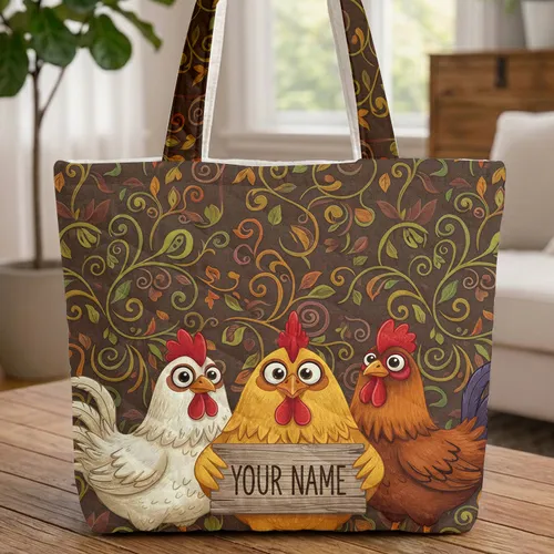 Chickens Wooden Name Sign Vine Leaf Farmhouse Home Decor for Chicken Lover Quilted Tote Bag