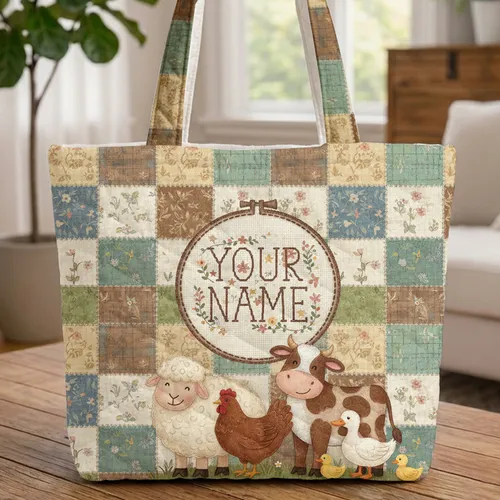 Country Farm Animals Name Hoop - Nursery Decor Gift for Child Quilted Tote Bag