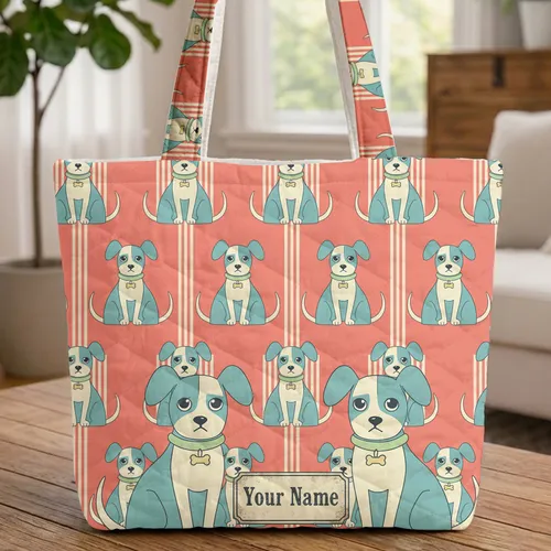 Blue Ear Green Collar Sitting Standing Dogs Enamel Plaque - Dog Lover Everyday Use Quilted Tote Bag