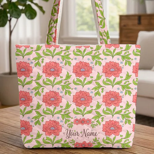 Coral Pink Floral Wreath Green Vines - Everyday Gift Quilted Tote Bag