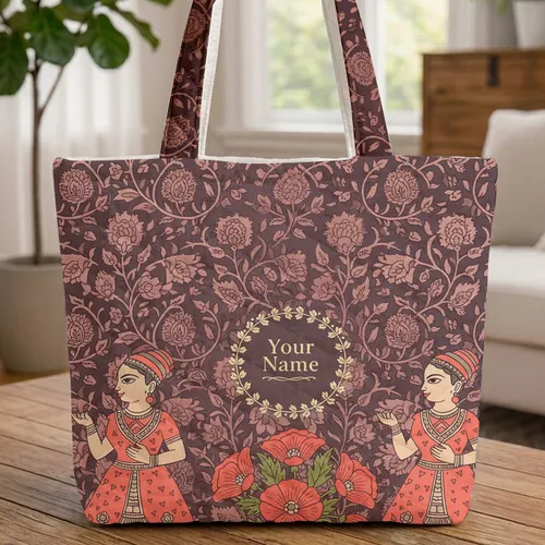 Indian Floral Vines Paisley Poppy Flowers Leaf Garland - Everyday Boho Lifestyle Quilted Tote Bag