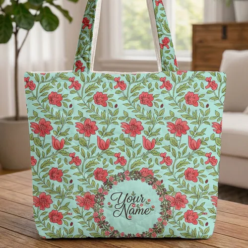 Ornate Floral Wreath Name Text Continuous Flower Clusters - Everyday Use Gift Quilted Tote Bag