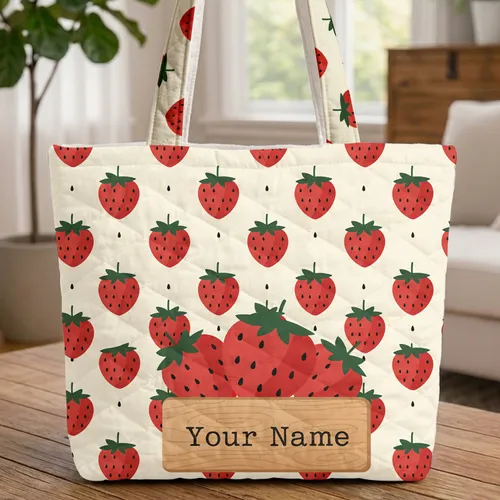Focal Strawberries Your Name Wooden Sign - Farmhouse Everyday Tote Quilted Tote Bag