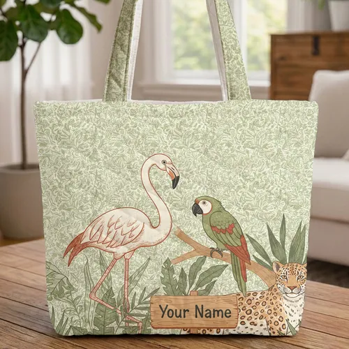Flamingo Parrot Leopard Name Sign Tropical Leaves - Wildlife Lover Gift Quilted Tote Bag