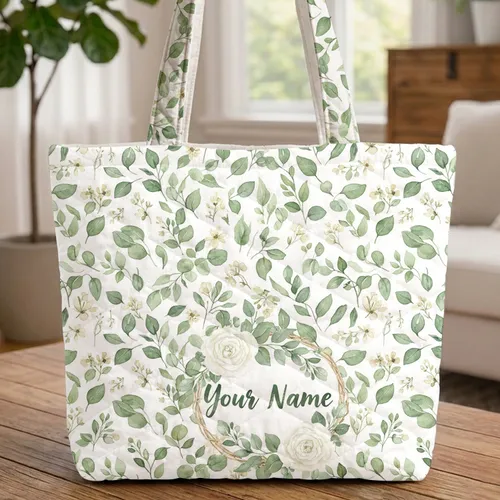 Ornate White Rose Eucalyptus Wreath Wildflower Name - Nature Inspired Everyday Gift Quilted Tote Bag