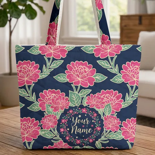 Fuchsia Pink Flowers Teal Leaves Personalized Name Floral Wreath – Lifestyle Gift Quilted Tote Bag