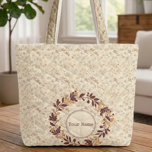 Autumn Foliage Berry Wreath Cross Stitch Frame - Farmhouse Home Decor Gift Quilted Tote Bag