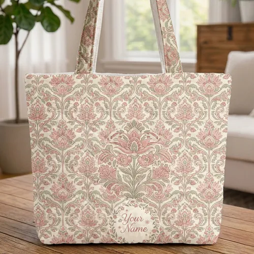 Block Print Botanical Floral Wreath Name Calligraphy - Everyday Tote Gift for Her Quilted Tote Bag