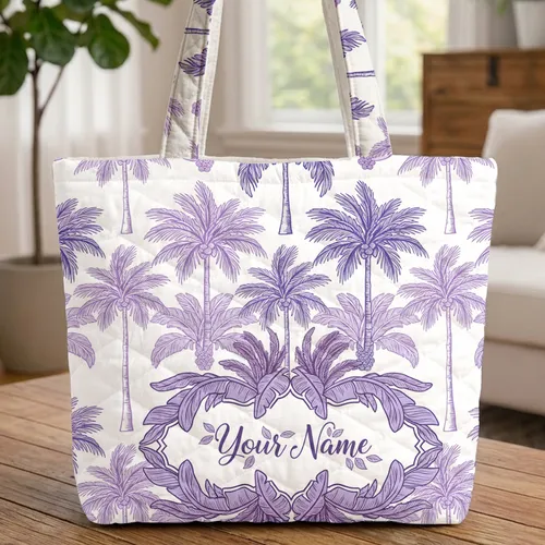 Tropical Palm Leaves Botanical Cartouche Personalized Name - Everyday Travel Tote Quilted Tote Bag