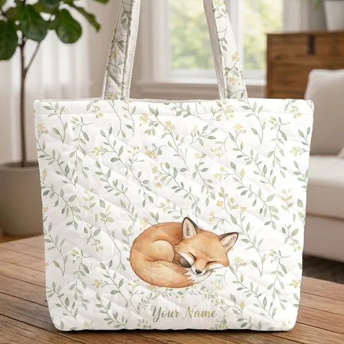 Personalized Sleeping Fox Cub Wildflower Leafy Vine - Wildlife Lover Gift Quilted Tote Bag