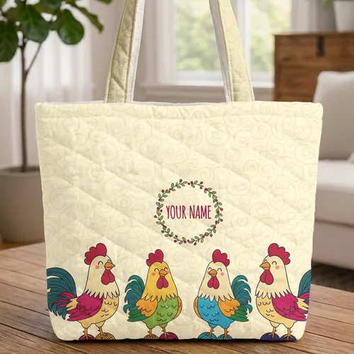 Four Roosters Yarn Balls Floral Wreath Organic Meander - Everyday Carry for Craft Lovers Quilted Tote Bag