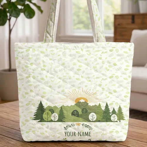 Trees Mountain Sun Forest Landscape - Personalized Nature Lover Gift Quilted Tote Bag