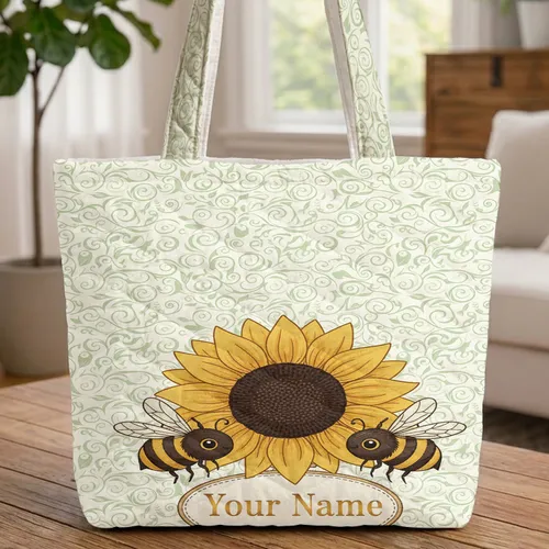 Golden Sunflower Honeybee Vine Leaf Hoop Frame - Everyday Tote for Nature Lover Quilted Tote Bag