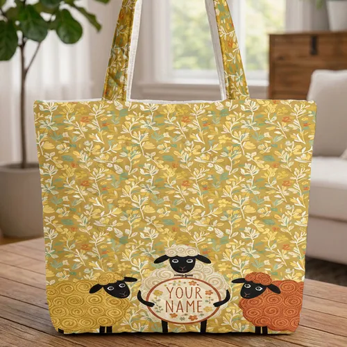 Sheep Botanical Folk Art Name Hoop - Personalized Gift Quilted Tote Bag