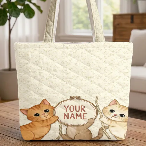 Kittens Holding Personalized Frame Leaf Star Sprig - Everyday Tote Kitten Lover Gift Quilted Tote Bag