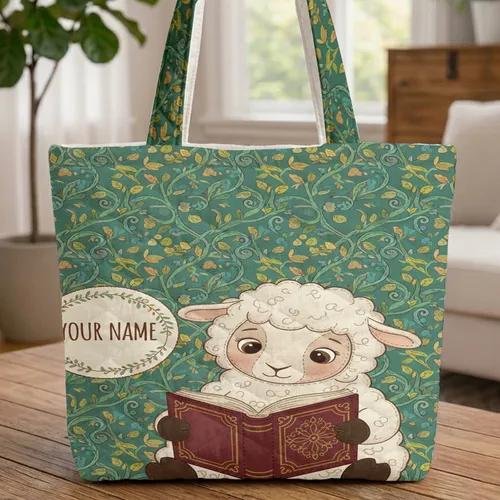 Intertwining Vines Sheep Reading Ornate Book Floral Wreath Name - Book Lover Gift Quilted Tote Bag