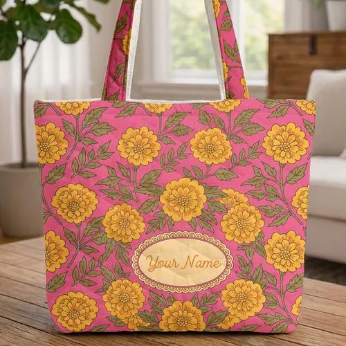 Ornate Marigold Floral Wreath Name - Boho Lifestyle Everyday Use Gift for Women Quilted Tote Bag
