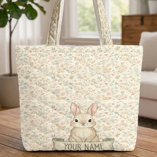 Rabbit Curved Scroll Botanical Butterflies - Everyday Tote for Nature Lover Quilted Tote Bag