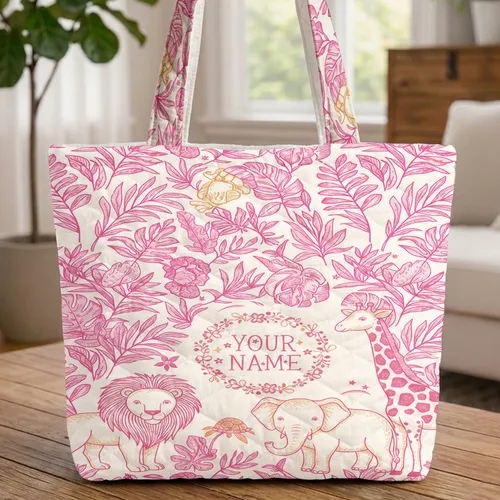 Personalized Elephant Lion Giraffe Jungle Animals - Wildlife Lover Gift Quilted Tote Bag