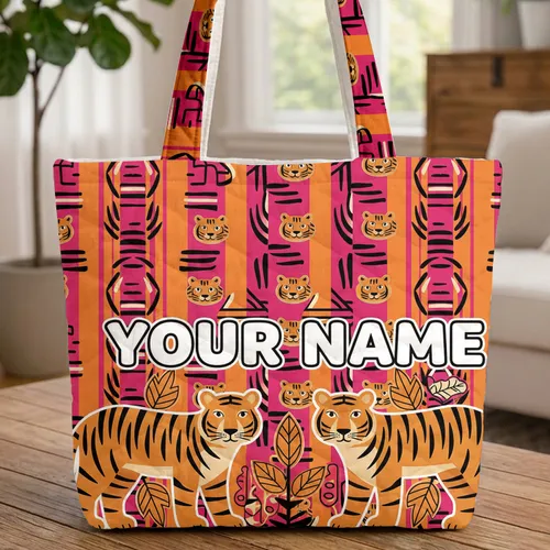 Vibrant Orange Hot Pink Vertical Stripe Tigers - Personalized Name Gift Quilted Tote Bag