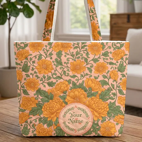 Lush Chrysanthemum Floral Bouquet Personalized Wreath - Everyday Tote Flower Lover Gift Quilted Tote Bag
