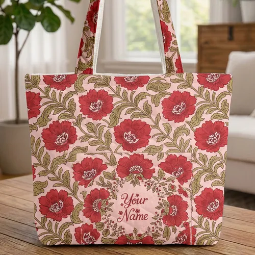 Red Flowers Olive Leaves Swirling Stems Botanical Wreath - Nature Lover Gift Quilted Tote Bag
