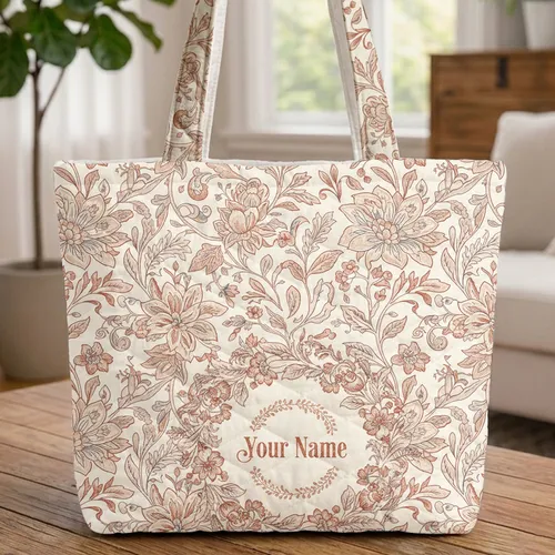 Toile de Jouy Botanical Ornate Floral Your Name Wreath - Everyday Tote Gift for Her Quilted Tote Bag